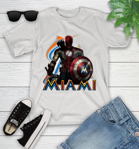 MLB Captain America Thor Spider Man Hawkeye Avengers Endgame Baseball Miami Marlins Youth T-Shirt