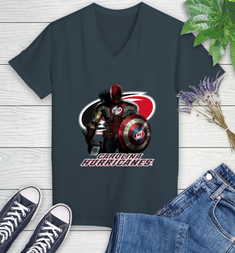 NHL Captain America Thor Spider Man Hawkeye Avengers Endgame Hockey Carolina Hurricanes Women's V-Neck T-Shirt 8