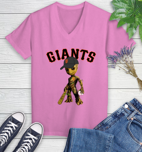 MLB San Francisco Giants Groot Guardians Of The Galaxy Baseball Women's V-Neck T-Shirt 14