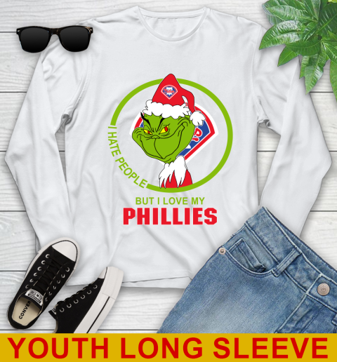 Philadelphia Phillies MLB Christmas Grinch I Hate People But I Love My Favorite Baseball Team Youth Long Sleeve