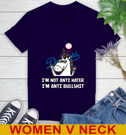 Los Angeles Dodgers MLB Baseball Unicorn I'm Not Anti Hater I'm Anti Bullshit Women's V-Neck T-Shirt 4