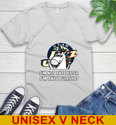 Utah Jazz NBA Basketball Unicorn I'm Not Anti Hater I'm Anti Bullshit V-Neck T-Shirt