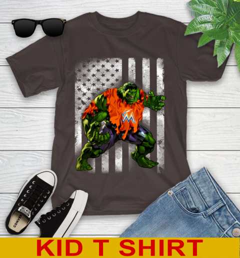 Miami Marlins Hulk Marvel Avengers MLB Baseball American Flag Youth T-Shirt 6