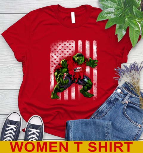 Carolina Hurricanes Hulk Marvel Avengers NHL Hockey American Flag Women's T-Shirt 11