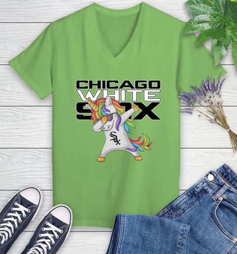 Chicago White Sox MLB Baseball Funny Unicorn Dabbing Sports Women's V-Neck T-Shirt 11