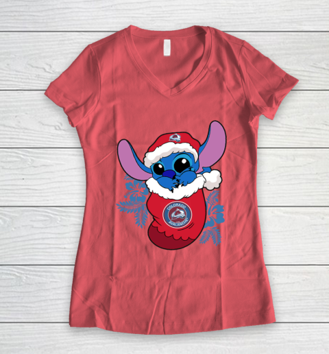 Colorado Avalanche Christmas Stitch In The Sock Funny Disney NHL Women's V-Neck T-Shirt 6