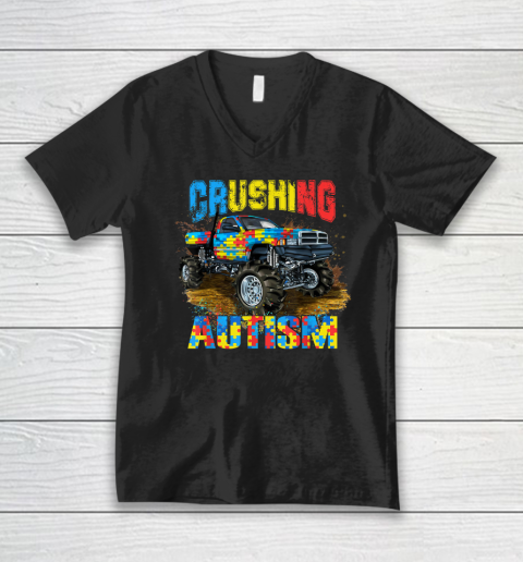 Crushing Autism Puzzle Monster Truck Autism Awareness V-Neck T-Shirt
