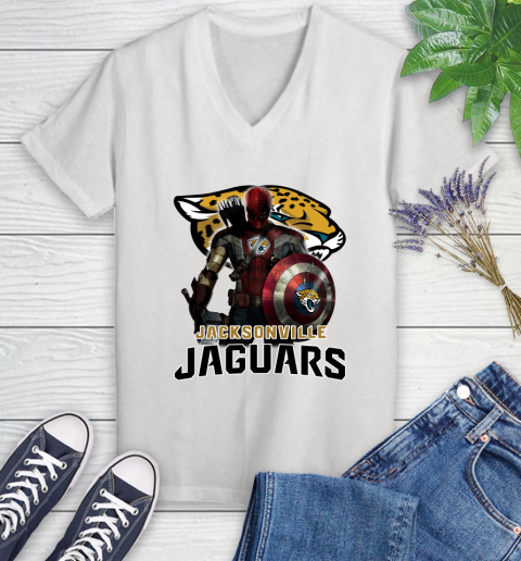NFL Captain America Thor Spider Man Hawkeye Avengers Endgame Football Jacksonville Jaguars Women's V-Neck T-Shirt