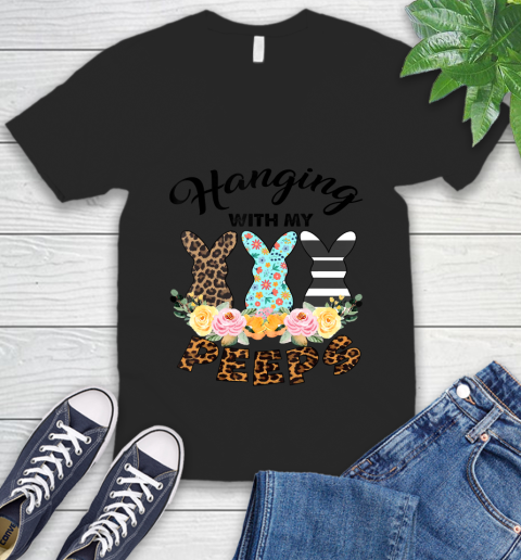 Nurse Shirt Funny Leopard Bunny Hanging With My Peeps Easter T Shirt V-Neck T-Shirt