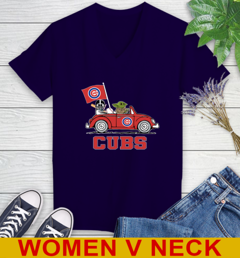 MLB Baseball Chicago Cubs Darth Vader Baby Yoda Driving Star Wars Shirt Women's V-Neck T-Shirt 4