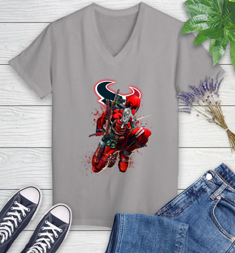 NFL Deadpool Marvel Comics Sports Football Houston Texans Women's V-Neck T-Shirt 4