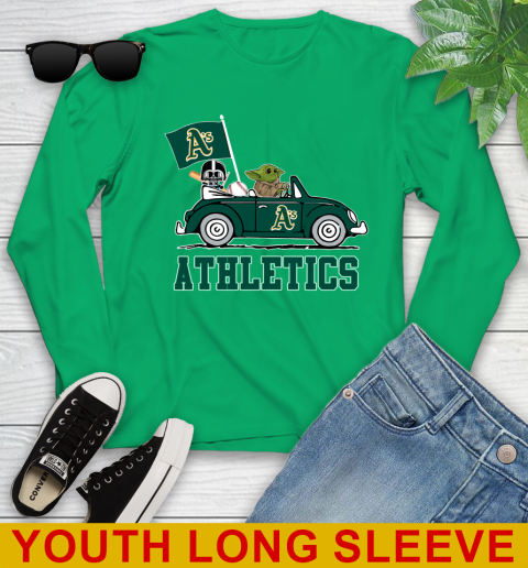 MLB Baseball Oakland Athletics Darth Vader Baby Yoda Driving Star Wars Shirt Youth Long Sleeve - Image 8