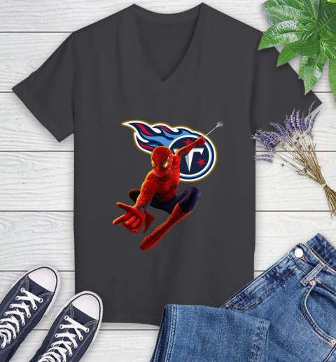NFL Spider Man Avengers Endgame Football Tennessee Titans Women's V-Neck T-Shirt 8