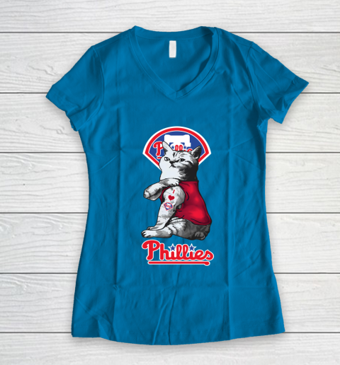 MLB Baseball My Cat Loves Philadelphia Phillies Women's V-Neck T-Shirt 5