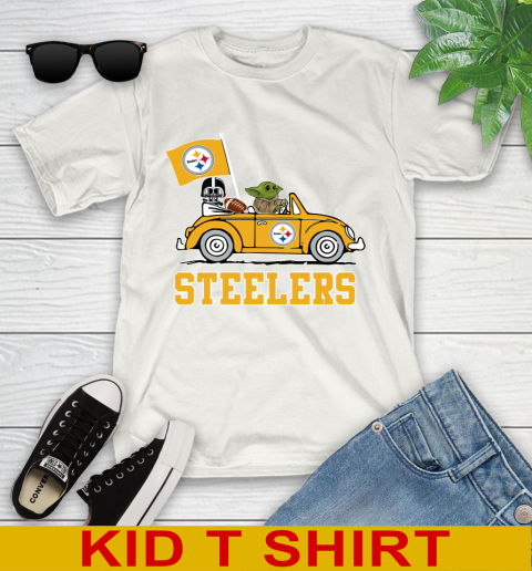 NFL Football Pittsburgh Steelers Darth Vader Baby Yoda Driving Star Wars Shirt Youth T-Shirt