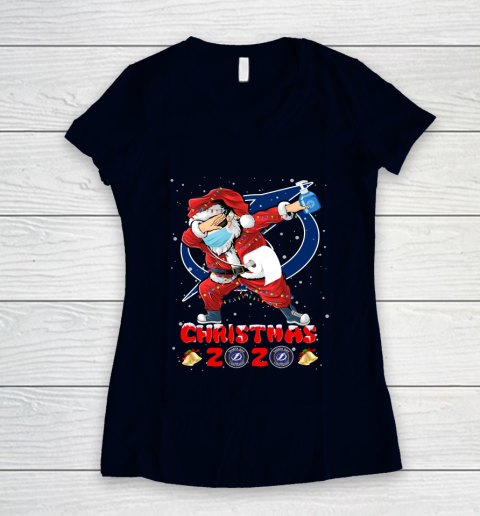 Tampa Bay Lightning Funny Santa Claus Dabbing Christmas 2020 NHL Women's V-Neck T-Shirt 2