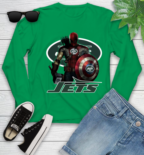 NFL Captain America Thor Spider Man Hawkeye Avengers Endgame Football New York Jets Youth Long Sleeve 6