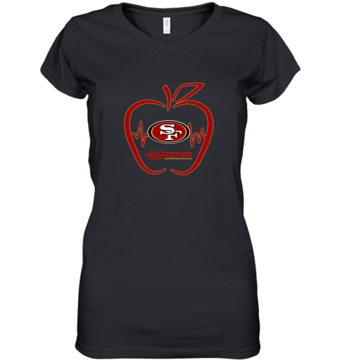 Apple Heartbeat Teacher Symbol San Francisco 49ers Women's V-Neck T-Shirt