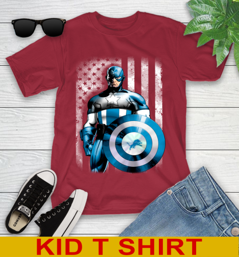 Detroit Lions NFL Football Captain America Marvel Avengers American Flag Shirt Youth T-Shirt 12