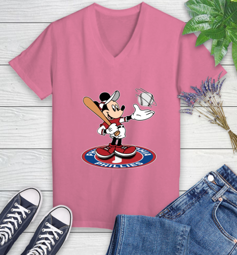 MLB Baseball Philadelphia Phillies Cheerful Mickey Disney Shirt Women's V-Neck T-Shirt 11