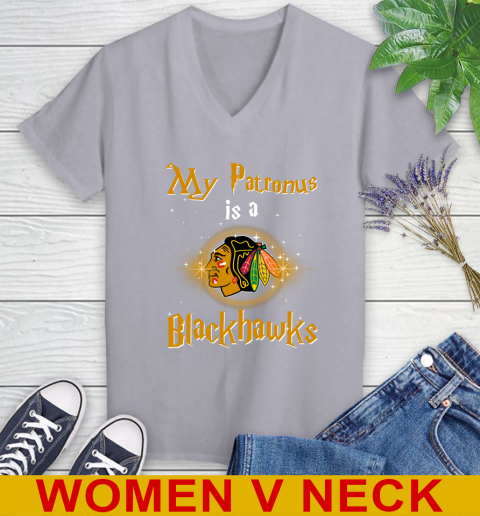 NHL Hockey Harry Potter My Patronus Is A Chicago Blackhawks Women's V-Neck T-Shirt 4