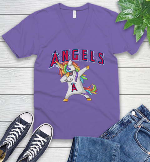 Los Angeles Angels MLB Baseball Funny Unicorn Dabbing Sports V-Neck T-Shirt 10
