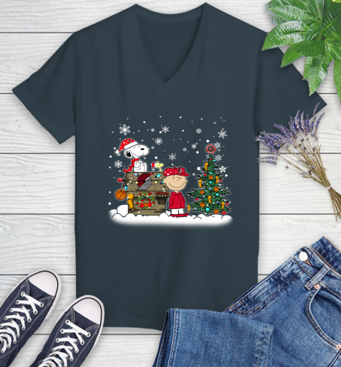 Portland Trail Blazers NBA Basketball Christmas The Peanuts Movie Snoopy Championship Women's V-Neck T-Shirt 8