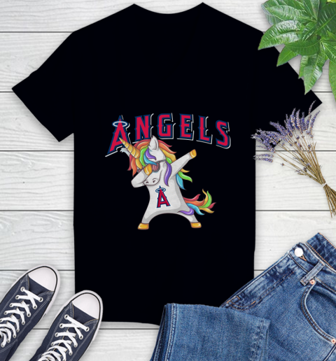 Los Angeles Angels MLB Baseball Funny Unicorn Dabbing Sports Women's V-Neck T-Shirt 2