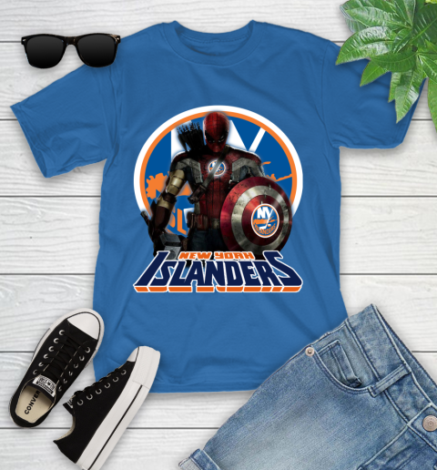 NHL Captain America Thor Spider Man Hawkeye Avengers Endgame Hockey New York Islanders Youth T-Shirt 9