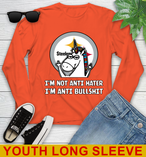Pittsburgh Steelers NFL Football Unicorn I'm Not Anti Hater I'm Anti Bullshit Youth Long Sleeve 4