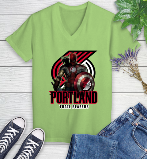 Portland Trail Blazers NBA Basketball Captain America Thor Spider Man Hawkeye Avengers Women's V-Neck T-Shirt 11