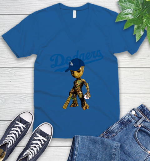 MLB Los Angeles Dodgers Groot Guardians Of The Galaxy Baseball V-Neck T-Shirt 6
