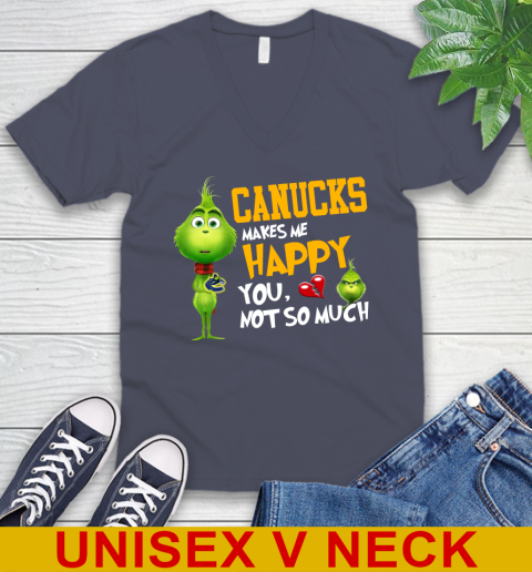 NHL Vancouver Canucks Makes Me Happy You Not So Much Grinch Hockey Sports V-Neck T-Shirt 7