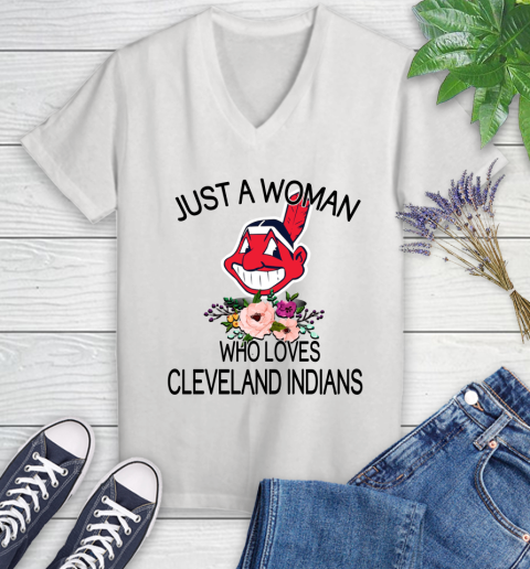 MLB Just A Woman Who Loves Cleveland Indians Baseball Sports Women's V-Neck T-Shirt