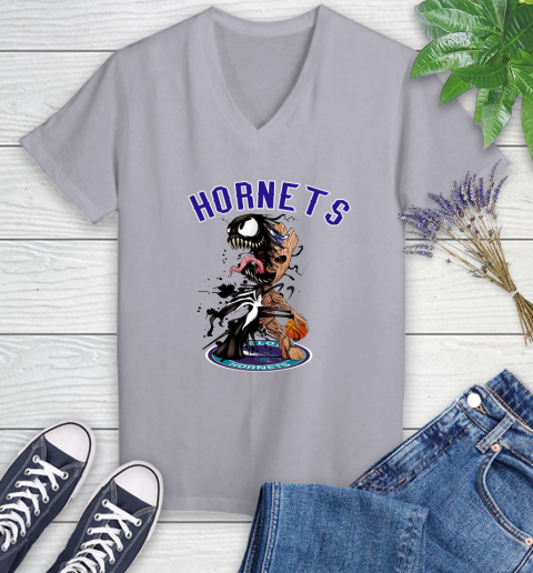NBA Charlotte Hornets Basketball Venom Groot Guardians Of The Galaxy Women's V-Neck T-Shirt 4