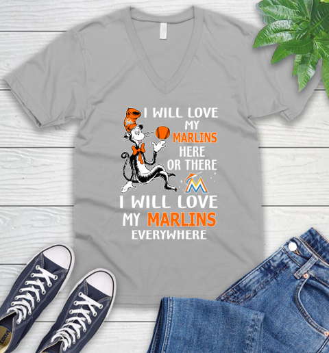 MLB Baseball Miami Marlins I Will Love My Marlins Everywhere Dr Seuss Shirt V-Neck T-Shirt 3