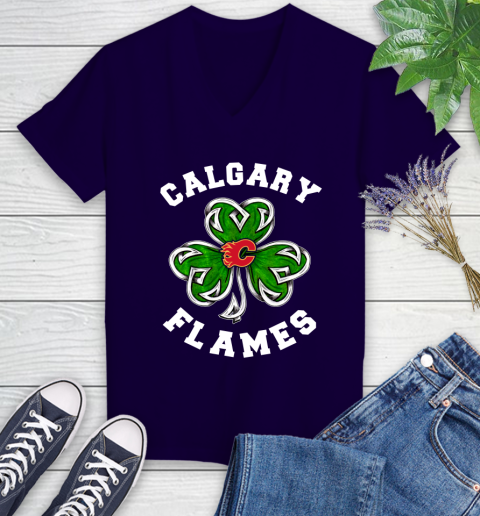 NHL Calgary Flames Three Leaf Clover St Patrick's Day Hockey Sports Women's V-Neck T-Shirt 3