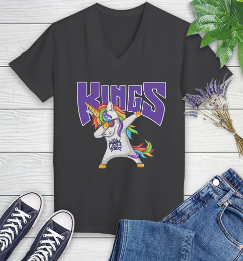 Sacramento Kings NBA Basketball Funny Unicorn Dabbing Sports Women's V-Neck T-Shirt 8