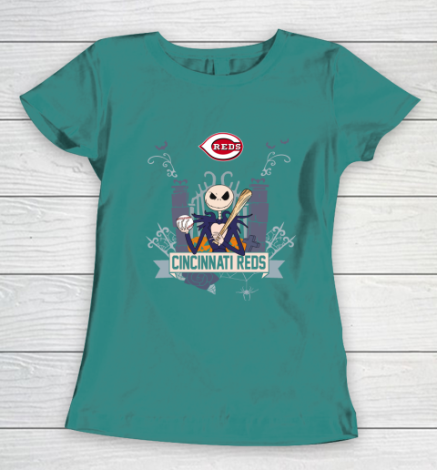 MLB Cincinnati Reds Baseball Jack Skellington Halloween Women's T-Shirt 10