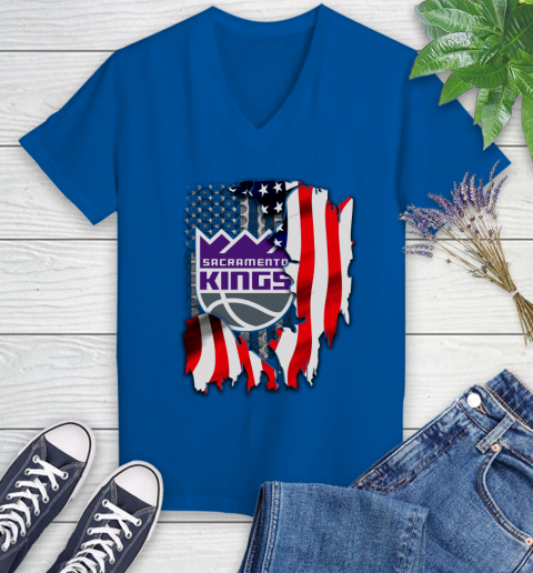 Sacramento Kings NBA Basketball American Flag Women's V-Neck T-Shirt 10
