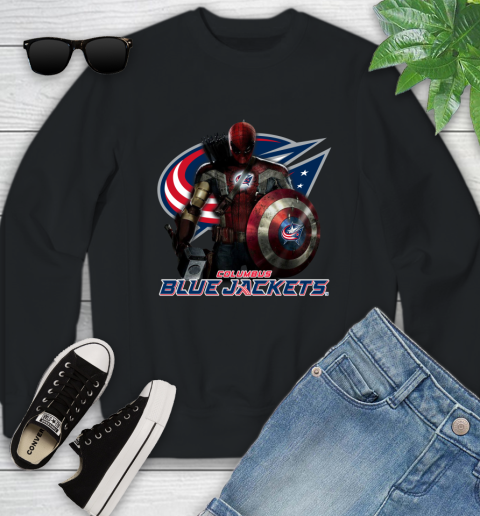 NHL Captain America Thor Spider Man Hawkeye Avengers Endgame Hockey Columbus Blue Jackets Youth Sweatshirt 2