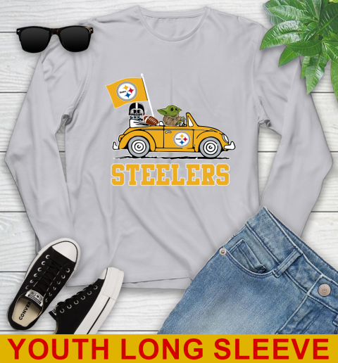 NFL Football Pittsburgh Steelers Darth Vader Baby Yoda Driving Star Wars Shirt Youth Long Sleeve 6