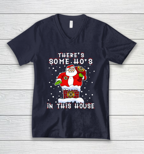 Boston Bruins Christmas There Is Some Hos In This House Santa Stuck In The Chimney NHL V-Neck T-Shirt 2