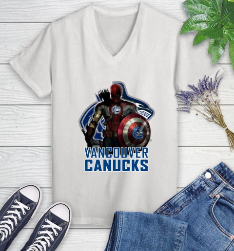 NHL Captain America Thor Spider Man Hawkeye Avengers Endgame Hockey Vancouver Canucks Women's V-Neck T-Shirt