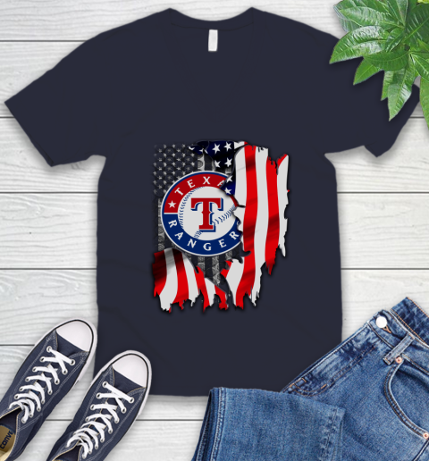 Texas Rangers MLB Baseball American Flag V-Neck T-Shirt 2