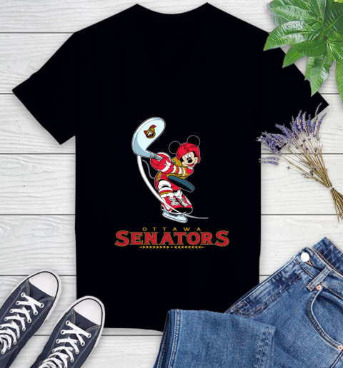 NHL Hockey Ottawa Senators Cheerful Mickey Mouse Shirt Women's V-Neck T-Shirt