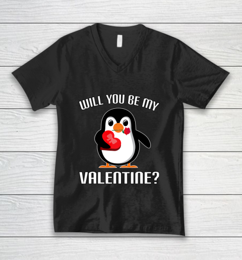 Will You Be My Valentine Funny Cute Penguin V-Neck T-Shirt