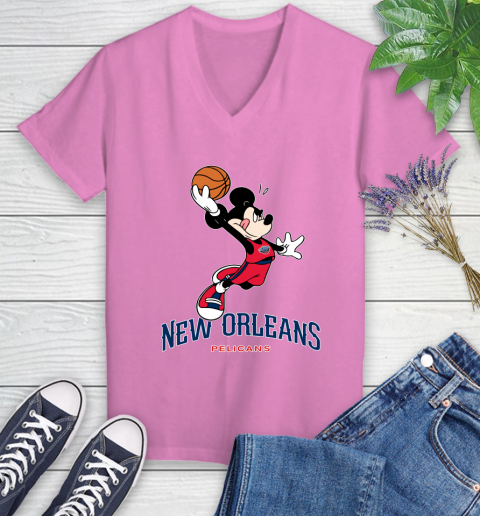 NBA Basketball New Orleans Pelicans Cheerful Mickey Mouse Shirt Women's V-Neck T-Shirt 12
