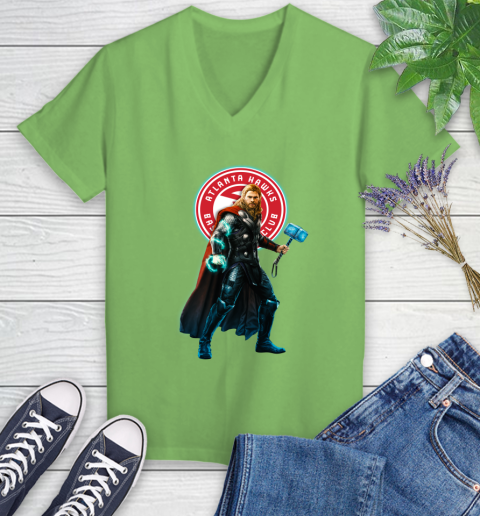 NBA Thor Avengers Endgame Basketball Atlanta Hawks Women's V-Neck T-Shirt 11