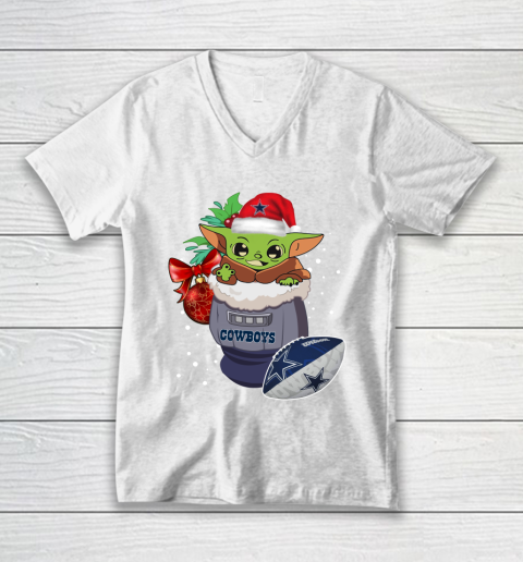 Dallas Cowboys Christmas Baby Yoda Star Wars Funny Happy NFL V-Neck T-Shirt 2